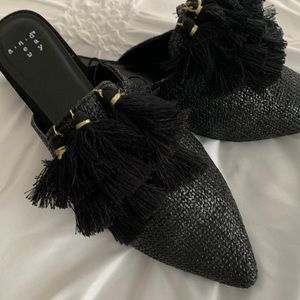 A New Day black straw like with tassels mules